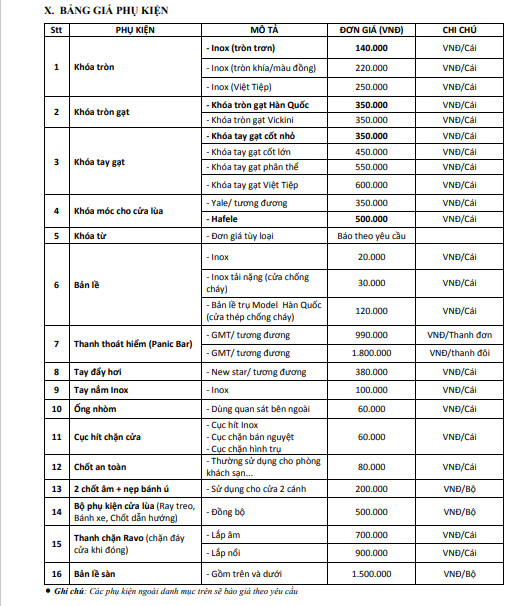 Báo giá phụ kiện